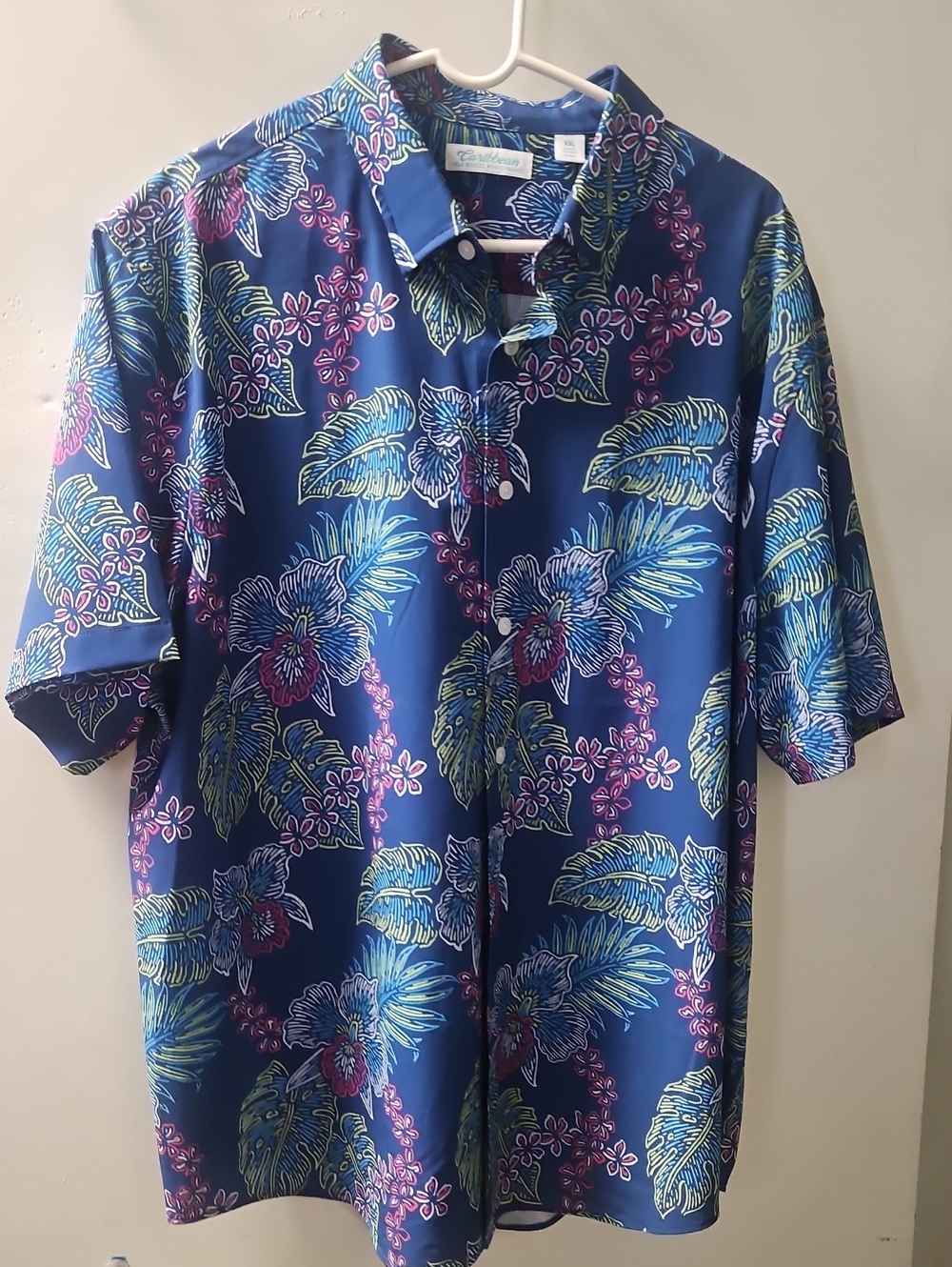 Caribbean Blue Floral Button-Down Shirt with Pink & Green Accents